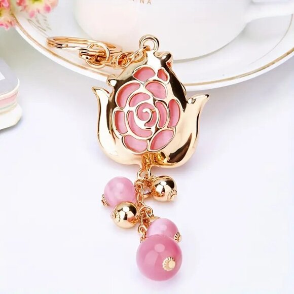 Pink &Gold rosebud bag charm - Picture 2 of 3